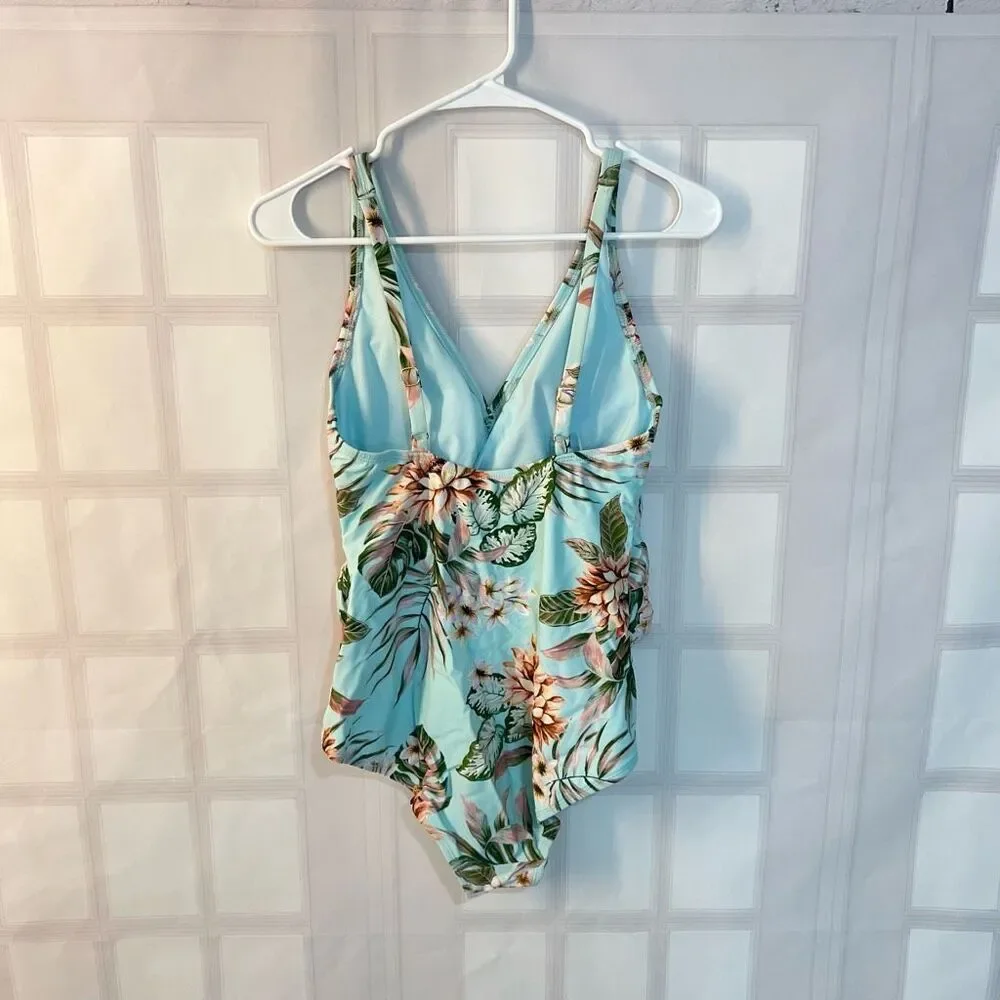 Kona Sol Blue Floral Stretch Wrap Tie Waist One Piece Swimsuit Size Medium